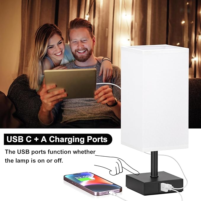 Ambimall Touch Control Table Lamp with USB A+C Charging Ports - 3 Way Touch Lamps Bedside, Nightstand Lamp for Bedrooms, LED Bulb Included(White Shade & Black Base)