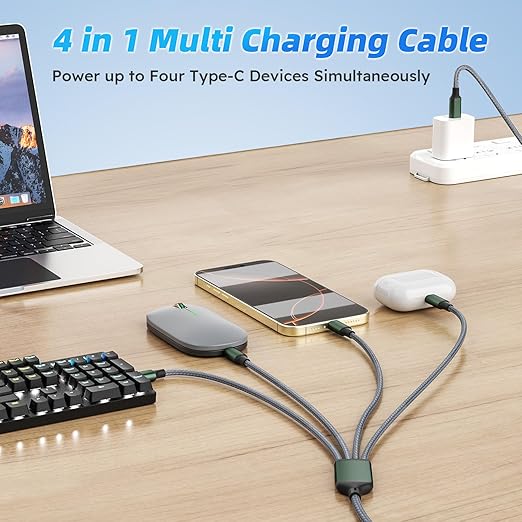 USB C to USB C Cable, Multi Charging Cable with 4 Type-C Connectors, 4 in 1 Charger Cord Type C, Multiple Charger Cord for iPhone 17/16/15, iPad,Galaxy S24/23, Switch, Power Bank, Tablets [5FT]