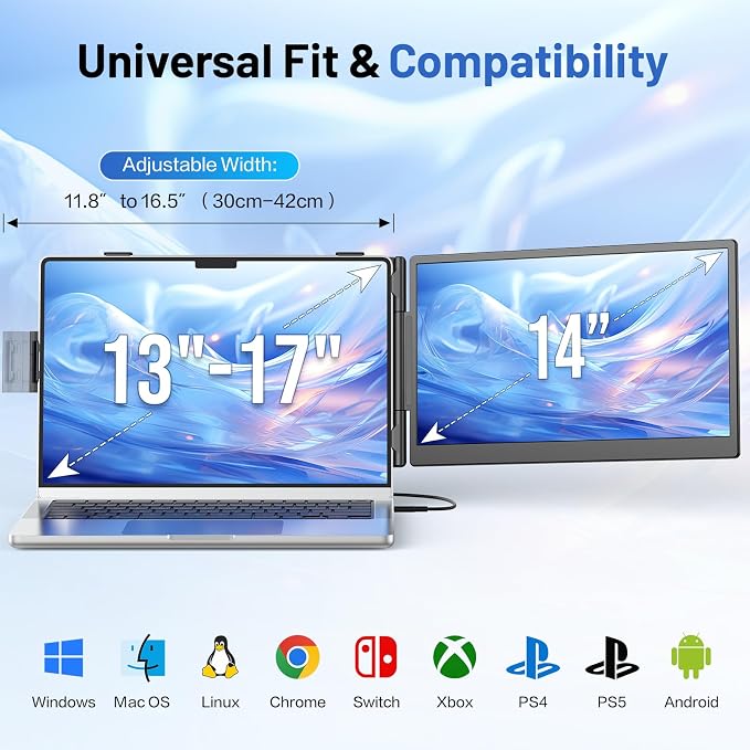Laptop Screen Extender, 14” FHD 1080P Portable Monitor for Laptop with 100% sRGB, Dual Screen Extender for Laptop 13–17.3”, Plug & Play External Monitor, Business Travel & Home Office