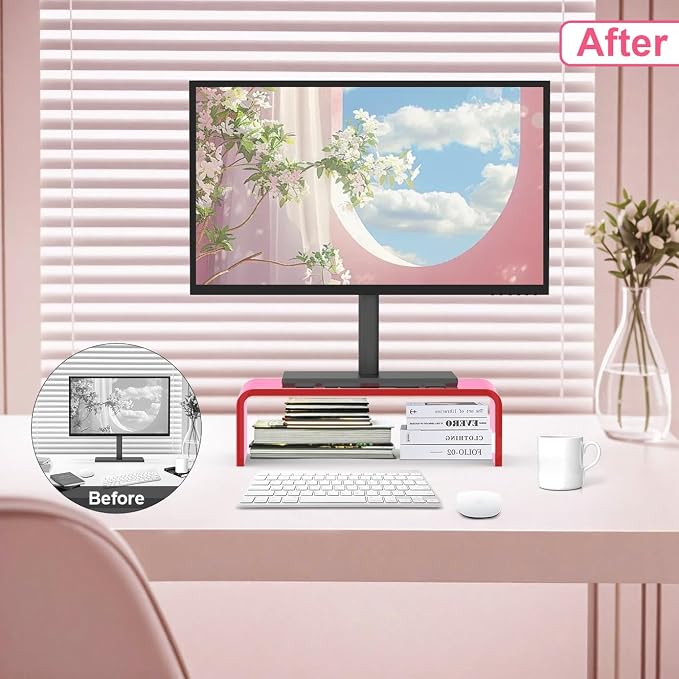 Acrylic Monitor Stand Riser Acrylic Laptop Stand for Desk Clear Computer Monitor Stand for Desk Accessories iMac Organizer Office Must-Haves Product for Office Home Bright Pink