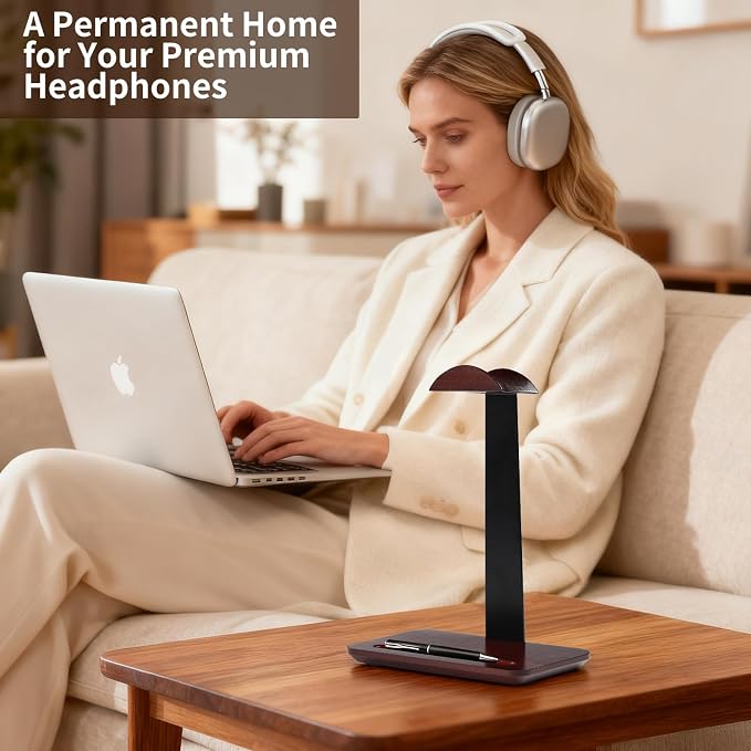 Walnut Wood Headphone Stand with Pen Holder - Desktop Wooden Headphone Stand, Solid Wood Headset Holder & Executive Desk Organizer for Office, Compatible with AirPods Max, Sony, Bose