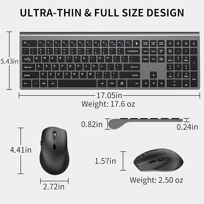 Wireless Keyboard and Mouse Combo, Silent Full-Size Computer Keyboard with Calculator Button, 2400 DPI Ergonomic Mouse, Quiet Click, USB Cordless Mice Set for Laptop PC Windows Mac - Black & Grey