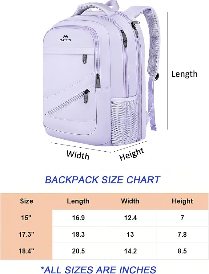 MATEIN Extra Large Laptop Backpack for Women, 50 L TSA Carry On with Multiple Organized Pockets, Anti Theft Water Resistant Travel Laptop Backpack Fits 18.4 In Computer, Light Purple