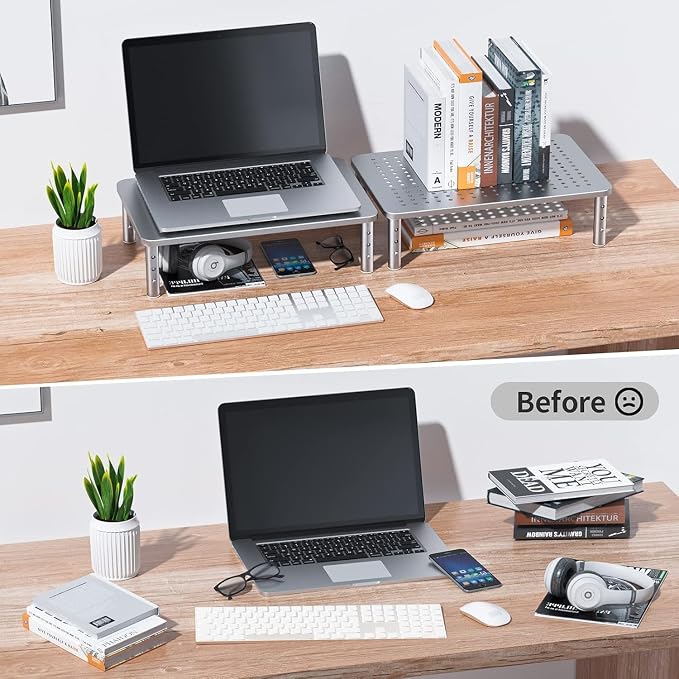 HUANUO Monitor Riser - 3 Height Adjustable Stand for Laptop, Computer, iMac, PC, Printer, Desktop Ergonomic Metal Monitor Riser with Mesh Platform
