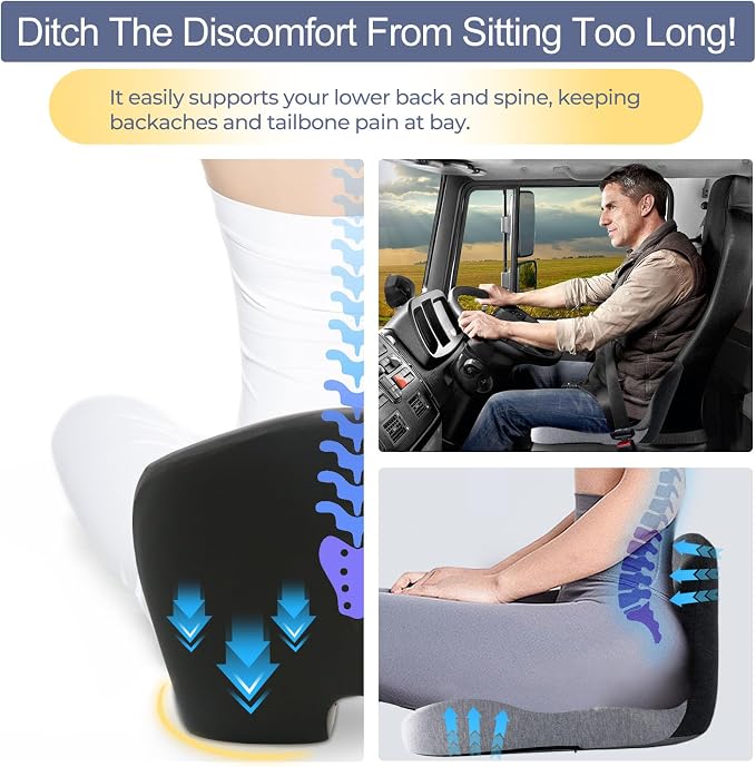 Ergonomic Seat Cushion with Adjustable Strap, Memory Foam Office Chair Seat Cushion with L-Shaped Design, Car Seat Cushion Fits for Truck Driver Semi Truck, Gaming Chair, Desk, Light&Dark Gray