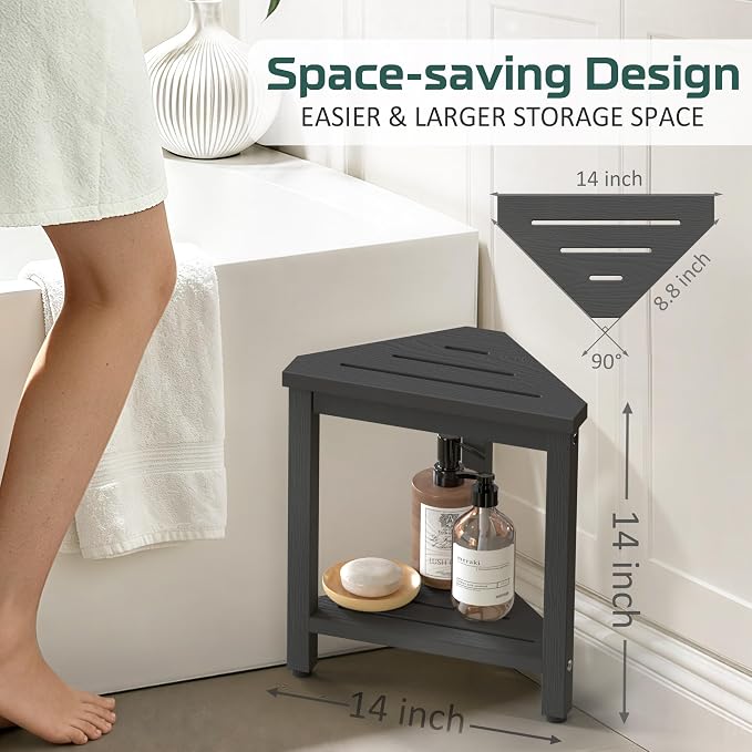 Shower Foot Rest 14in, HDPE Waterproof Shower Stool for Inside Shower, Corner Shower Stool for Shaving Legs with Storage Shelf, Shower Step Stool for Small Space, Plastic Corner Shower Bench, Black