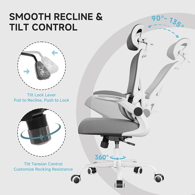 Ergonomic Office Chair, 330LBS Desk Chair with 3-Level Lumbar Support & Headrest, Breathable Mesh Backrest, Flip-Up Armrests for Home Office and Gaming, White