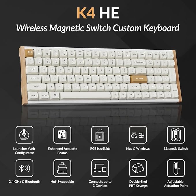 Keychron K4 HE 96% Wireless Hall Effect Keyboard with Number Pad, Rapid Trigger Magnetic Switches, QMK Launcher, 2.4GHz/Bluetooth/Wired, Mac & Windows, Wood Accent Frame, White (Non-Shine-Through)