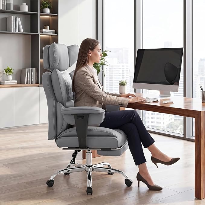 DUMOS Big and Tall Home Office Desk Chair, Gaming Computer Chair, Executive Ergonomic Chair with Footrest, High Back Reclining, Adjustable Armrests and Comfy Lumbar Support, PU Leather, Grey