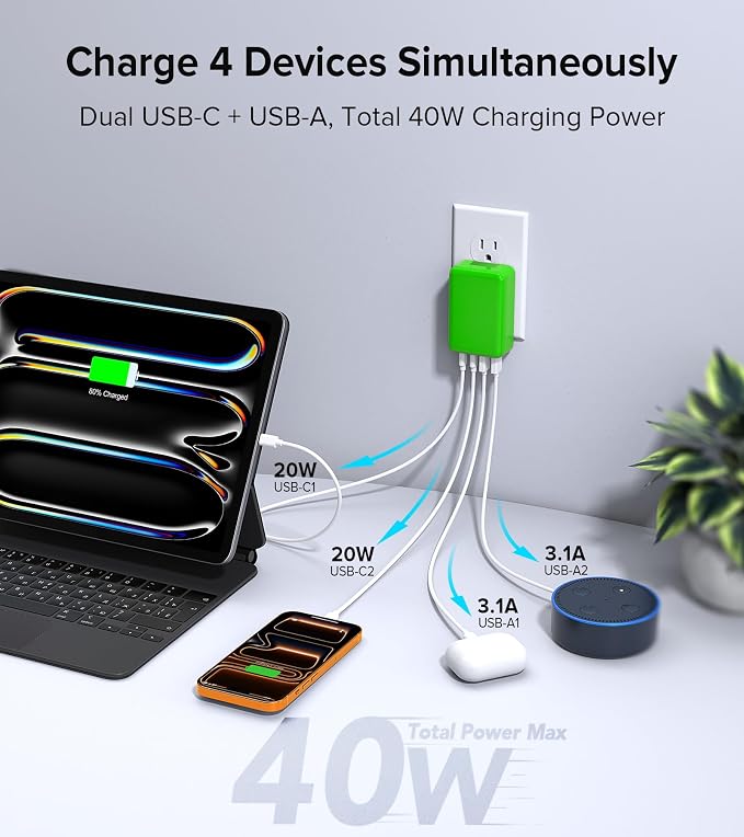 Flat USB C Charger Block, 2-Pack 40W USB C Fast Charging Block 4-Port Dual PD+QC Power Adapter Double Charger Block Multiport Type C Cube Multiple Wall Plug for iPhone 17 16 15 14 13 12 Pro Max(Green)