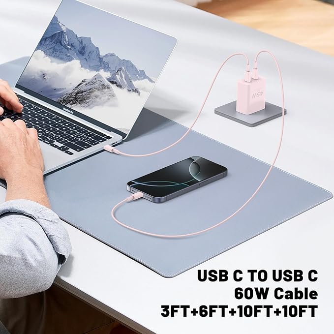 QZIIW iPhone 16 15 Pro Max Charger Fast Charging,45W Dual Port USB C Fast Charger Block [2-Pack] & Extra Long 60W 3/6/10/10FT USB C Cable - PD Quick Adapter 3.0 for iPhone 16 15/16 15 Pro/16 15 Plus.