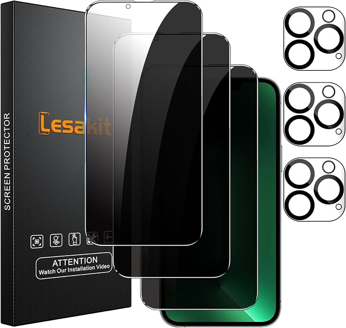 Lesakit 3+3 Pack Privacy Screen Protector for iPhone 13 Pro Max 6.7-Inch with 3 Pack Camera Lens Protector, Anti Spy Tempered Glass Film 9H Hardness Bubble Free Case Friendly