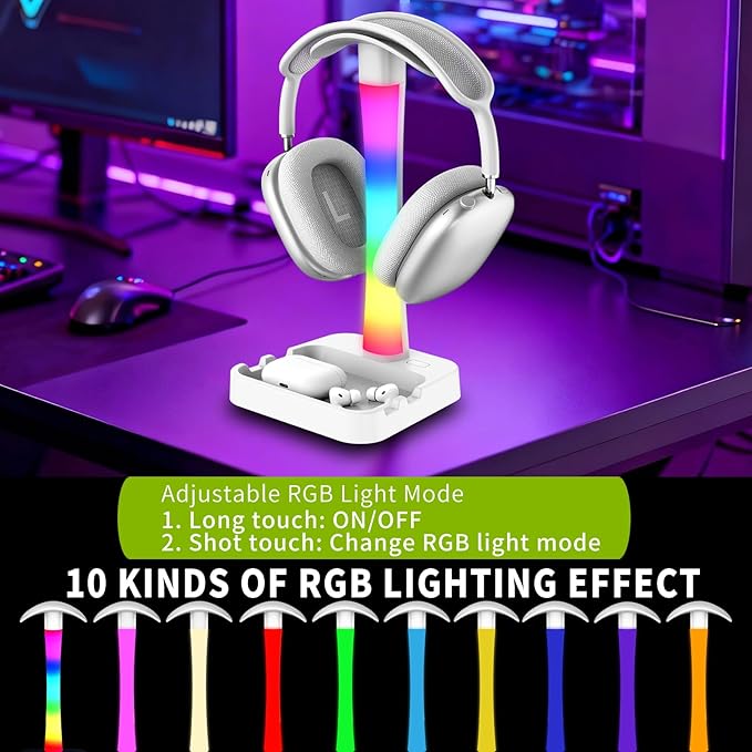 Headphone Stand with Charger,Gaming Headset stand with RGB Light Mode,For Airpod Max Stand,Desk Lamp,Phone Holder,Tablet Holder,desktop organizer,Gifts for Gamers & Music Lover (White)