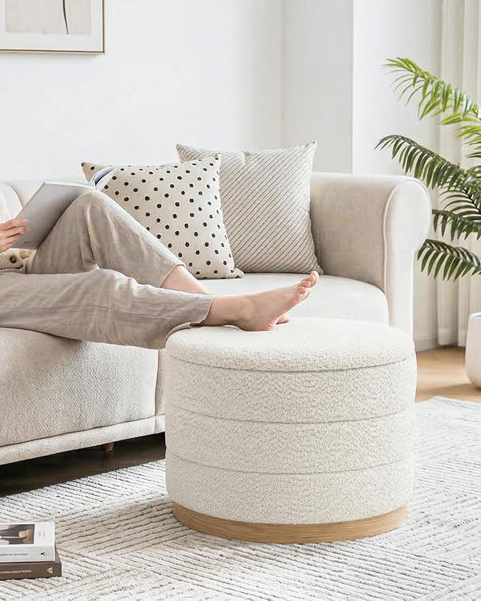 B FSOBEIIALEO Round Storage Ottoman with Tray, Folding Ottoman with Storage Coffee Table Foot Rest for Dorm Room Living Room Chenille Fabric,White,22.83"x22.83"x17.32"