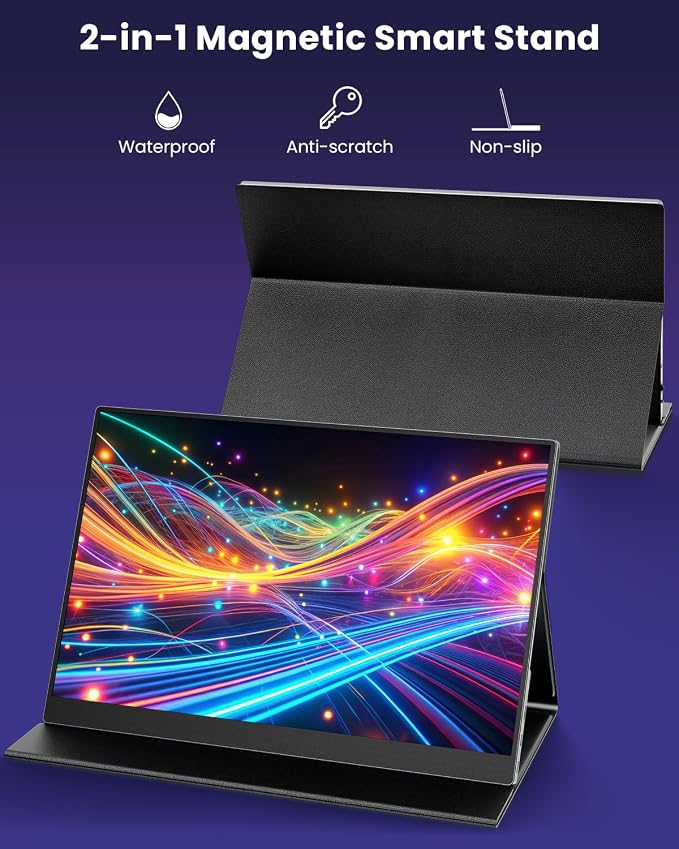 ZUCWO 15.6 Inch Portable Computer Monitor, Portable Monitor for Laptop,PC,MacBook,Phone, PS4, 1080P FHD Display with HDMI USB-C, Built-in Speaker with Leather Case, Travel Work Home Gaming Monitors