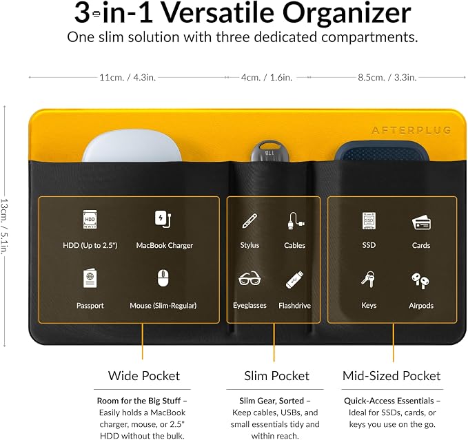 3-Pocket Adhesive Hard Drive Holder for Laptop | Stick-On Pouch for External SSD, HDD, Mouse and More - Black & Yellow
