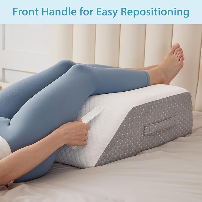 MEGCXIT Leg Pillow Elevation Blood Circulation, Leg Wedge for Elevation for Swelling, Leg Elevating Pillow for After Surgery, Memory Foam Foot Knee Pillow for Back Sleeping 24×19×8 Inch White/Grey