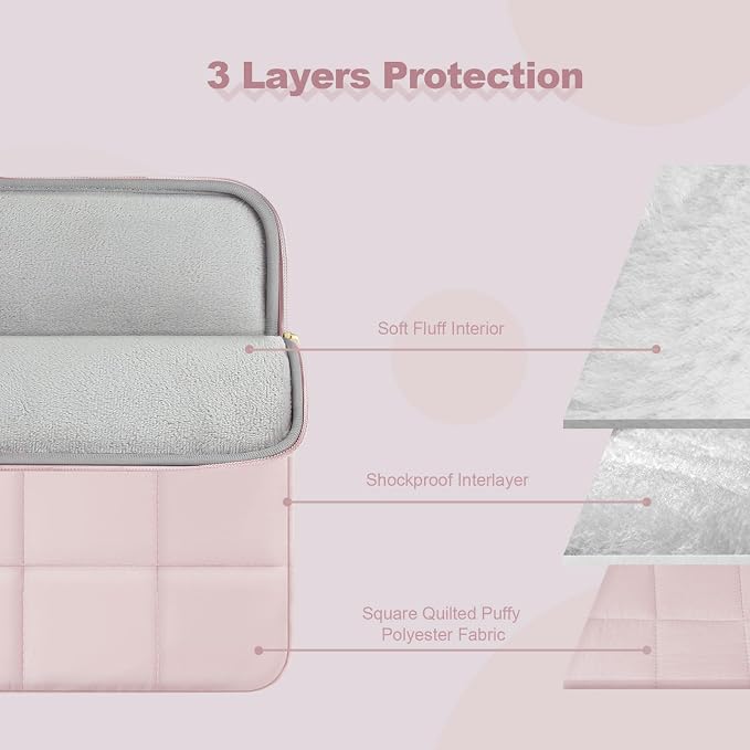 Laptop Case 13.3 inch,13-13.3 inch Puffy Laptop Sleeve Compatible with MacBook Neo/Air 13 13.6/Pro 13/Pro 14,HP Dell ASUS Acer Lenovo,Twelve Square Quilted Computer Bag with 2 Pockets,Pink