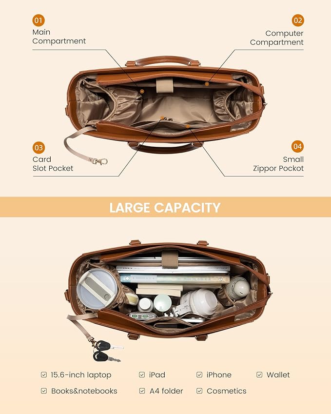 LOVEVOOK Laptop Tote Bag for Women 15.6 Inch Leather Work Bags with Large Cup Holder for Teacher Work Business,Brown