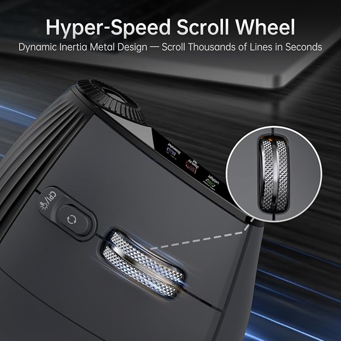 Ergonomic Wireless Mouse, Bluetooth Vertical Silent Mouse with LED Screen and Knob Control, Rechargeable, 4800 DPI, Hyper-Fast Scrolling, 3 Multi-Device Connections, for PC and Mac Systems