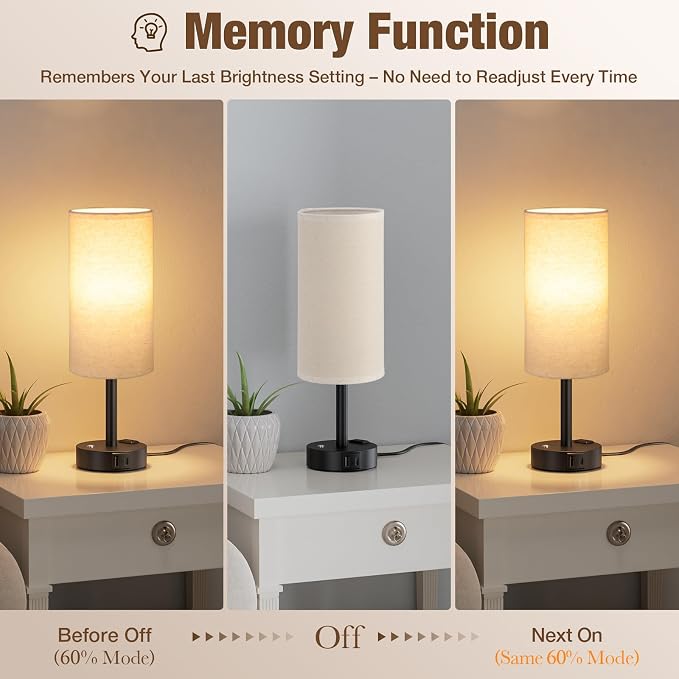 Touch Bedside Table Lamp with Memory - Stepless Dimmable Lamp for Bedroom, Small Nightstand Lamp with Dual USB Charging Ports and AC Outlet, Wood Night Light, Desk Lamp for Nursery (Beige & Black)