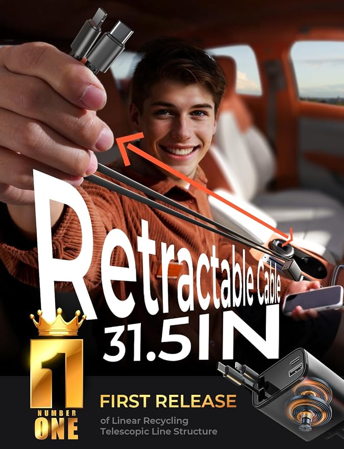 LISEN Retractable Car Charger, 84W Car Charger USB C Fast Charger Adapter for iPhone, Car Accessories for Men Women, Birthday Gifts for Fathers Day for Men Dad Husband, for iPhone 17 16 15 14 13 12 11