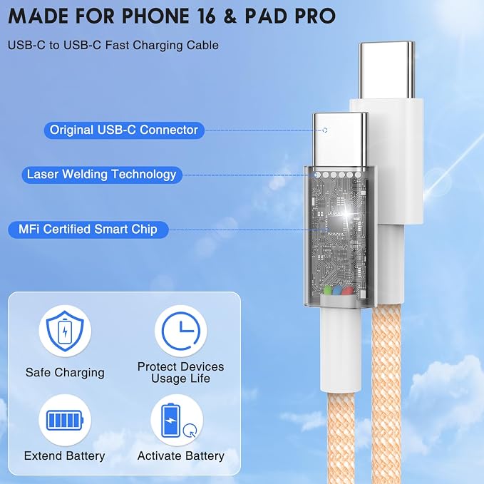 USB C to C Fast Charger Cable 10ft, Long Type C to USB C Charging Cord Wire for iPhone 17 Pro Max/17 Air/16 Pro/15 Plus,MacBook Pro 2021/2020/2019/2018,iPad 12.9/11 inch/Mini/Air,Samsung Galaxy