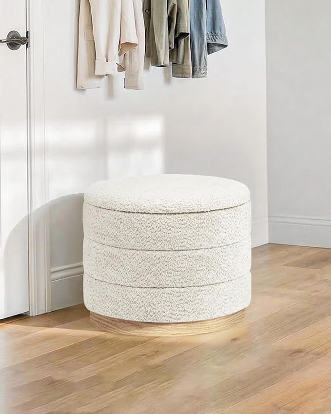 B FSOBEIIALEO Round Storage Ottoman with Tray, Folding Ottoman with Storage Coffee Table Foot Rest for Dorm Room Living Room Chenille Fabric,White,22.83"x22.83"x17.32"