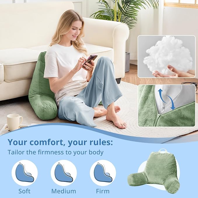 Sasttie Reading Pillow for Sitting in Bed Adult, Back Pillow for Bed Sitting Up, Backrest Back Support Chair Pillow, College Dorm Essentials for Girls and Boys, Sage Green Standard