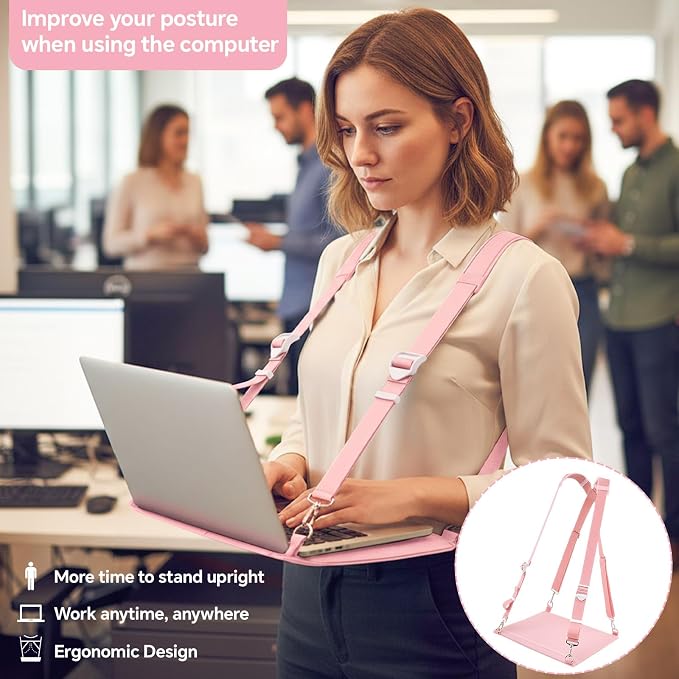 Suncalla Laptop Harness for Walking Portable Wearable Laptop Stand for up to 14'' Tablets E-Readers Notebook Notepad Standing Desk with Adjustable Straps(Pink)