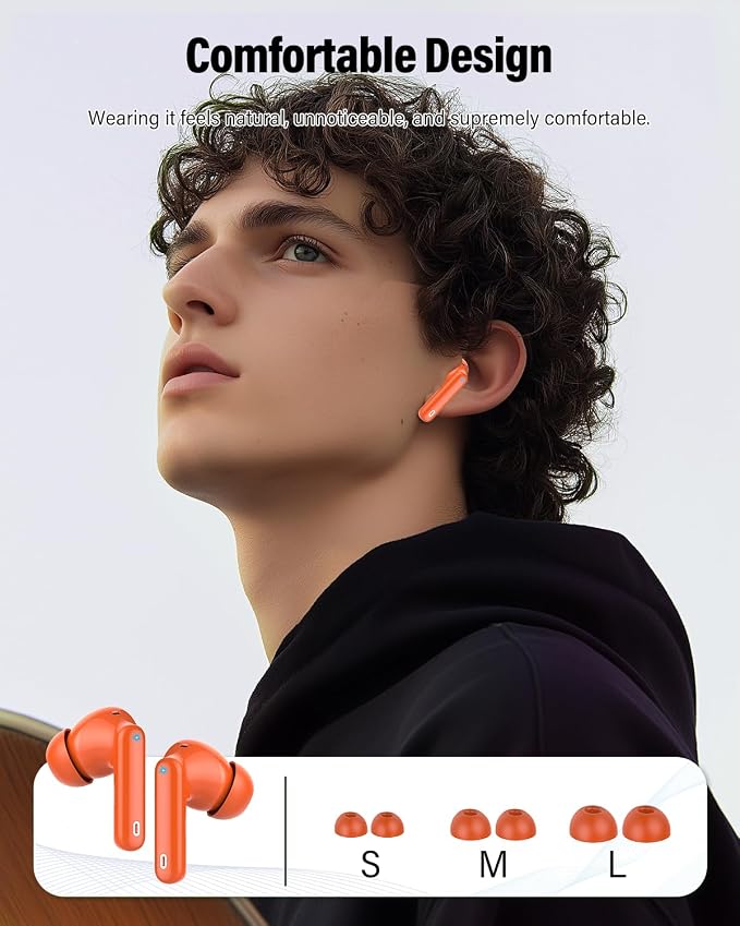 Wireless Earbuds, Bluetooth 5.4 Headphones Bass Stereo, Ear Buds with Noise Cancelling Mic, LED Display in Ear Earphones Clear Calls, IP7 Waterproof Bluetooth Earbuds for Laptop/Phones/Sports, Orange