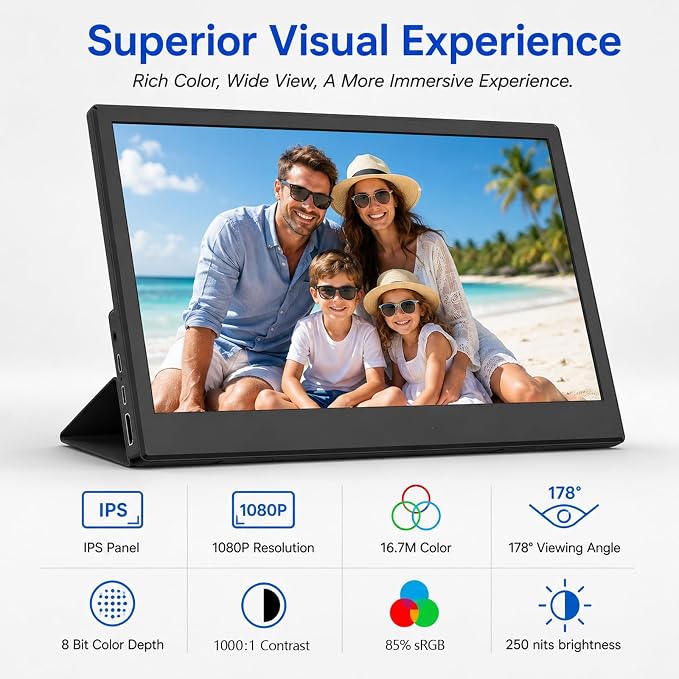 Portable Monitor 15.6 inch FHD1080P USB C HDMI Travel Monitor with Kickstand, IPS Gaming External Monitor for Laptop, PC, Phone, PS, Xbox, Swich