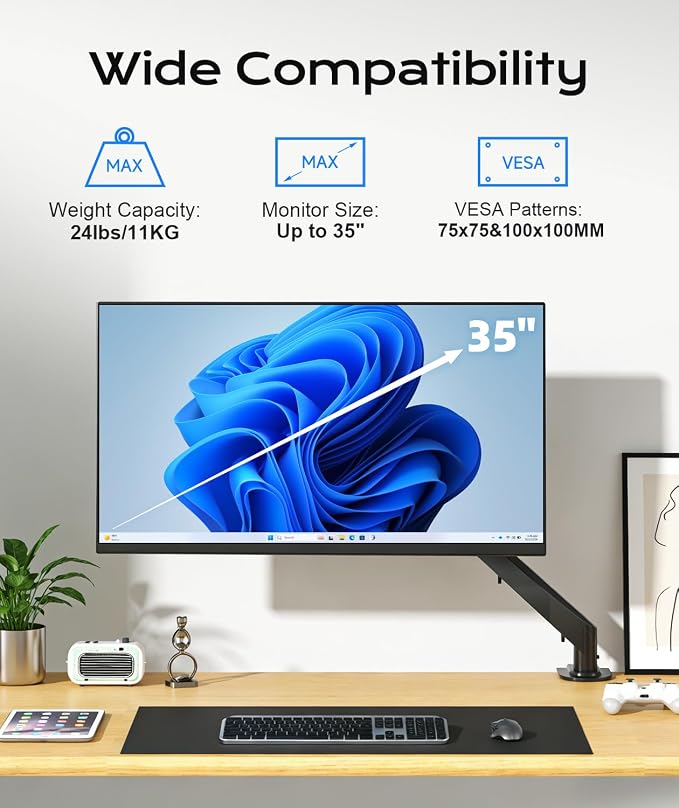 Pholiten Single Monitor Mount, Fully Adjustable Gas Spring Single Monitor Arm for up to 35 inch Screens, Computer Monitor Stand for Desk Holds up to 24lb, VESA 75/100mm, Black