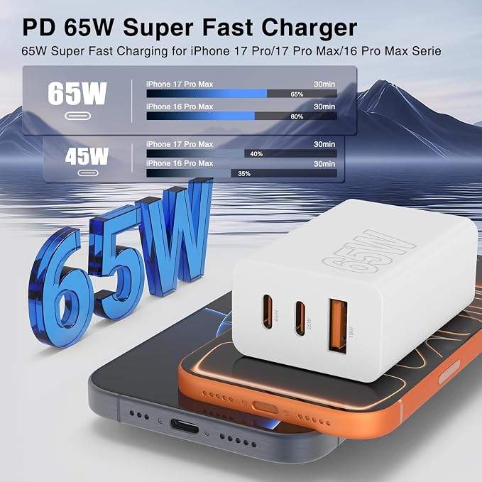 65W Super Fast Charging USB C for iPhone 17 16 Pro Max,3 Port 100W PD USB C Charger Block & 3/6/6/10FT Braided Type C Cord for iPhone 17 16 Pro,iPhone 15 Pro Max,for Samsung S26 Ultra/MacBook Pro/Air
