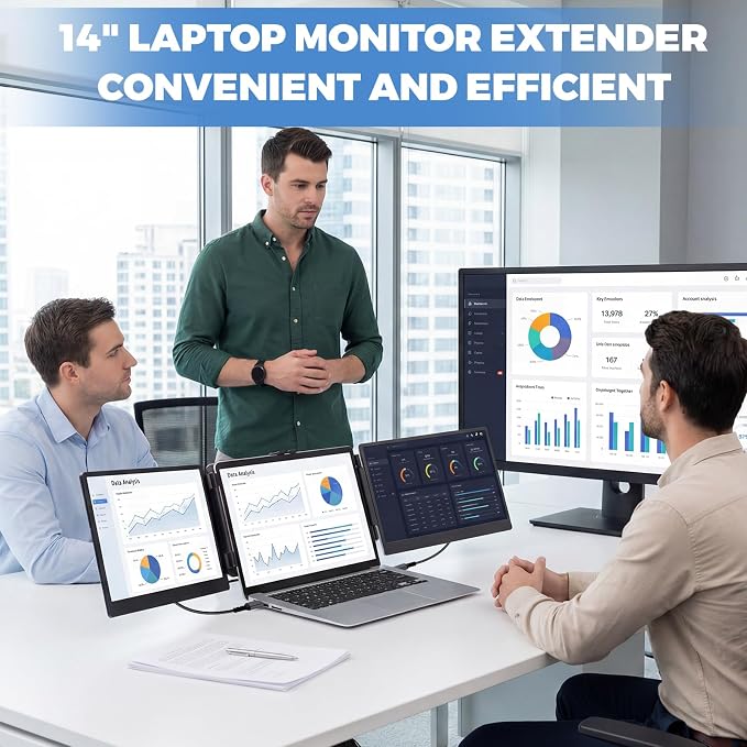 JoyReal Laptop Screen Extender, 14" FHD 1080P IPS Portable Monitor for Laptop, Triple Screen Extender Monitor USB-C/HDMI Plug-Play for Windows, Mac, Fit 13"-17.3" Laptops