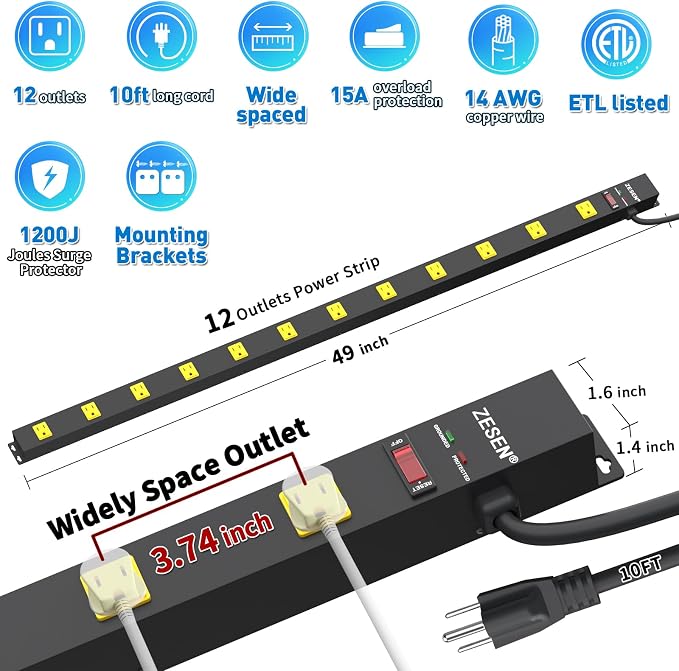12 Outlet Industrial Power Strip with 15Ft Cord, 1875W Heavy Duty Metal Power Strip with Wide-Spaced Outlets & Overload Protection, ETL Listed for Garage, Workshop, Office, Home