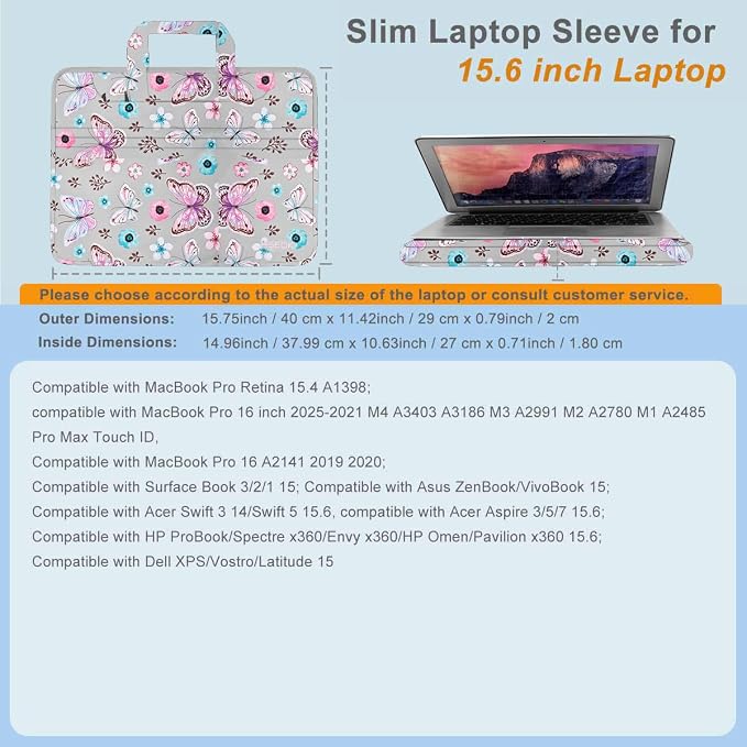 Laptop Case 15.6 inch Shoulder Bag, Durable Shockproof Protective Computer Carrying Briefcase with Multi-Pockets and Strap Compatible with Most 15.6 inch Notebooks,Butterfly