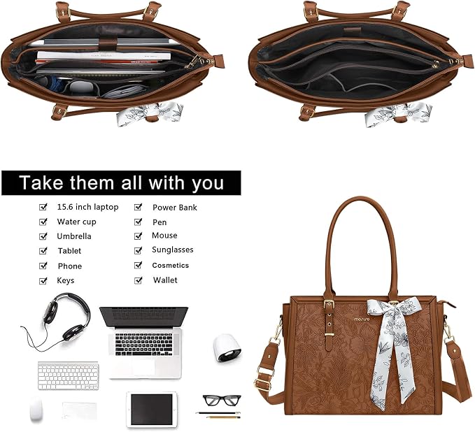 MOSISO Laptop Bag for Women, 15.6-16 inch PU Leather Tote Bag Compatible with MacBook, HP, Dell, Asus Notebook, Front Embossed Retro Hibiscus Computer Bags with Silk Scarf&Clutch Purse, Brown