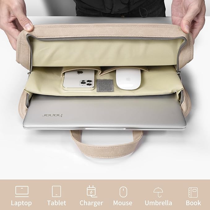 360° Protective Laptop Shoulder Bag Sleeve Case for 13-14.2 inch Notebooks, Compatible with 14 inch New MacBook Air Pro Max M4 M3 M2 M1, HP, Dell, Asus, Acer, with Airbags, Handle, Khaki