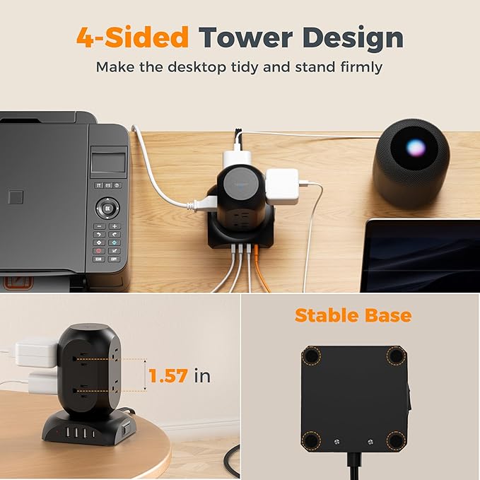 TESSAN Surge Protector Power Strip Tower, Flat Plug Extension Cord 10 Ft with 8 AC Multiple Outlets 4 USB Ports (1 USB C), 1050J Protection Desk Charging Station for Home, Office, Dorm Room, Black