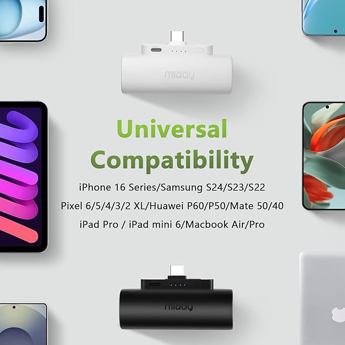 Miady 2-Pack 5000mAh Mini Portable Charger with Built-in Type C Connector, USB-C Output Charging Small Power Bank, Ultra-Compact Battery Pack Compatible with iPhone 17/16 Galaxy S24/S22 iPad (2 White)