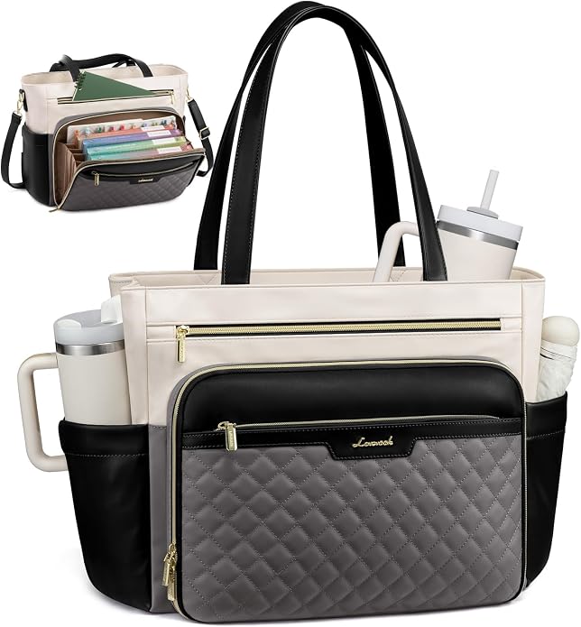 LOVEVOOK Teacher Tote Bag with Accordion File Pocket, Soft PU Leather Work Briefcase Quilted Laptop Bag with Large Cup Holder