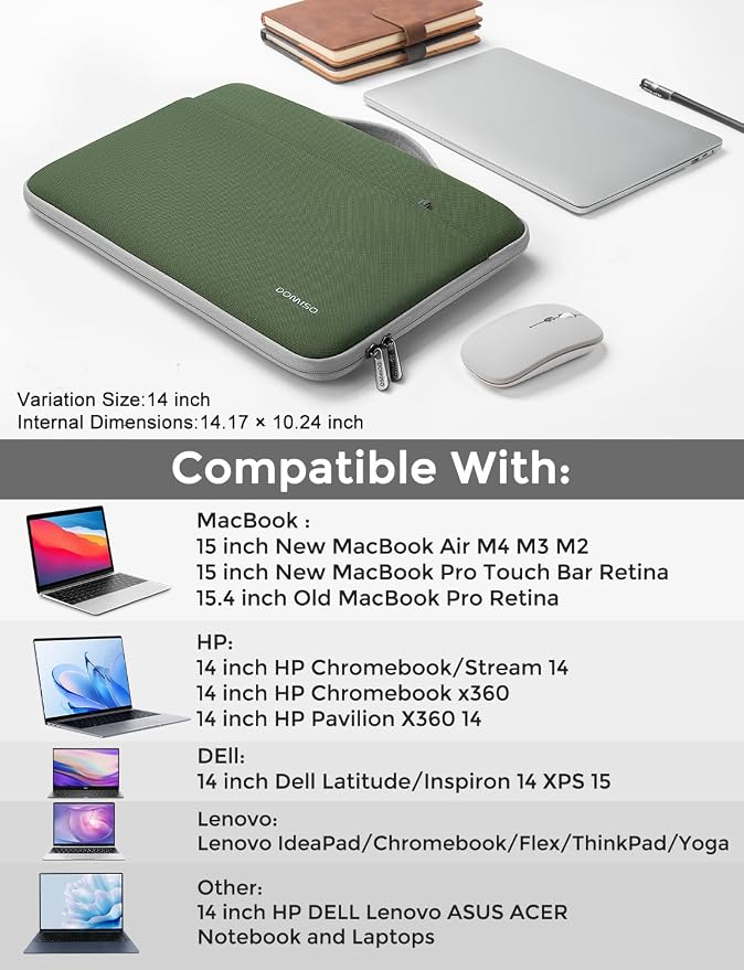 DOMISO 14 inch Laptop Case Sleeve Protective Cover Compatible with 15 inch MacBook Air M4 M3 M2,MacBook Pro,14-15 inch HP Dell ASUS Lenovo Chromebook,Waterproof Computer Cases Bag,Avocado Green