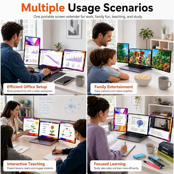 NGTeco 16" Triple Laptop Screen Extender, 1200P IPS Extended Monitor Portable, Plug & Play, Rotation Detachable Screen, Compatible with Windows/Mac/Chrome OS