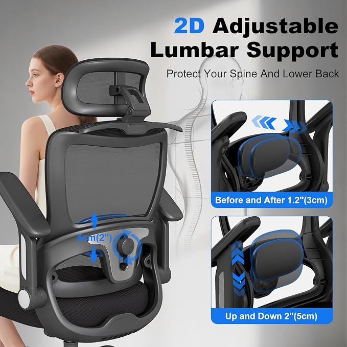 Ergonomic Office Chair, High Back Home Desk Chair with Adjustable Lumbar Support, Flip-Up Arms, Headrest, 90-135° Tilt Lock, Wide Big and Tall Mesh Computer Seating with Wheels