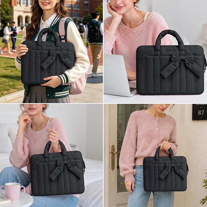 MOSISO Laptop Case 13.3 inch, 13-13.3 inch Puffy Laptop Sleeve Compatible with MacBook Neo/Air 13.6 M5 M4 M3 M2 M1/Pro 13/14, HP Dell ASUS Lenovo, Rectangle Quilted Carrying Bag with Bow&Handle, Black