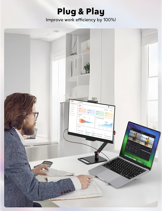 15.6” Portable Monitor with Adjustable Stand, 1080P FHD IPS Screen Extender, Laptop Stand & Smart Cover Included, Ultra Slim Travel Monitor with Eye Protection, Plug and Play for Laptop/PC/Mac
