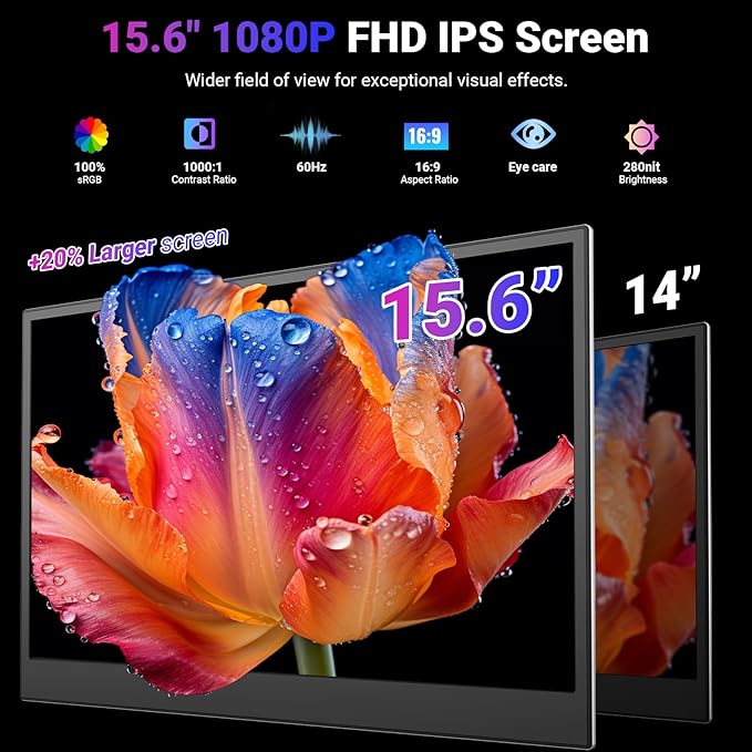 15.6" One-Cable Laptop Screen Extender, Ultra-Thin 1080P FHD Triple Portable Monitor, Travel Monitor for 13–17.3" Laptops, USB-C/USB-A Connection, Dual Monitor Compatible with Mac/Windows/Android/Dex