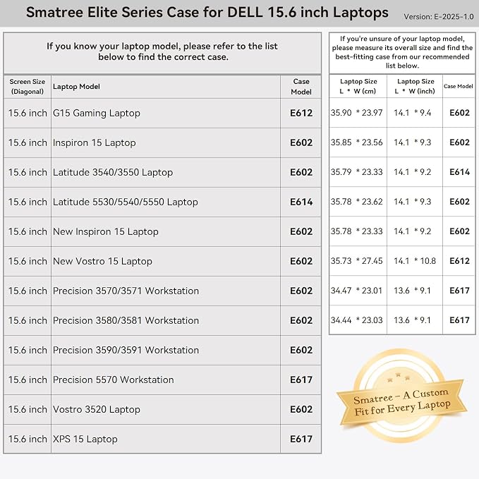 Smatree 15.6 inch Laptop Sleeve for DELL Inspiron 15/Vostro 15 3520/3530/3535,Latitude 5550/5540/3540/3550,Precision 3570/3581/3571/3580/3591/3590,Pro 15 Essential Laptop PV15250/PV15255 Case (E602)