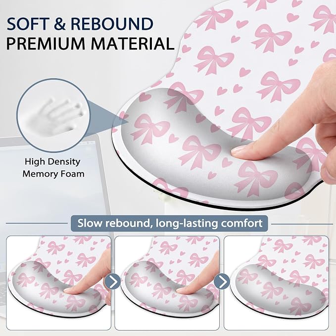 Cute Bow Wrist Rest Mouse Pad and Keyboard Support Set,Pink Heart 3 in 1 Ergonomic Memory Foam Mousepad with Non Slip Base, Gaming Mouse Pad for Office and Home